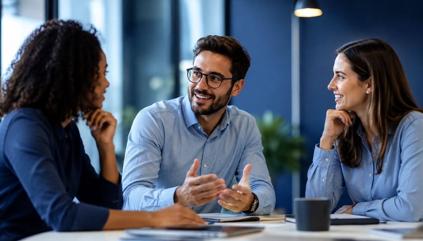 A team in discussion around a table in a modern office